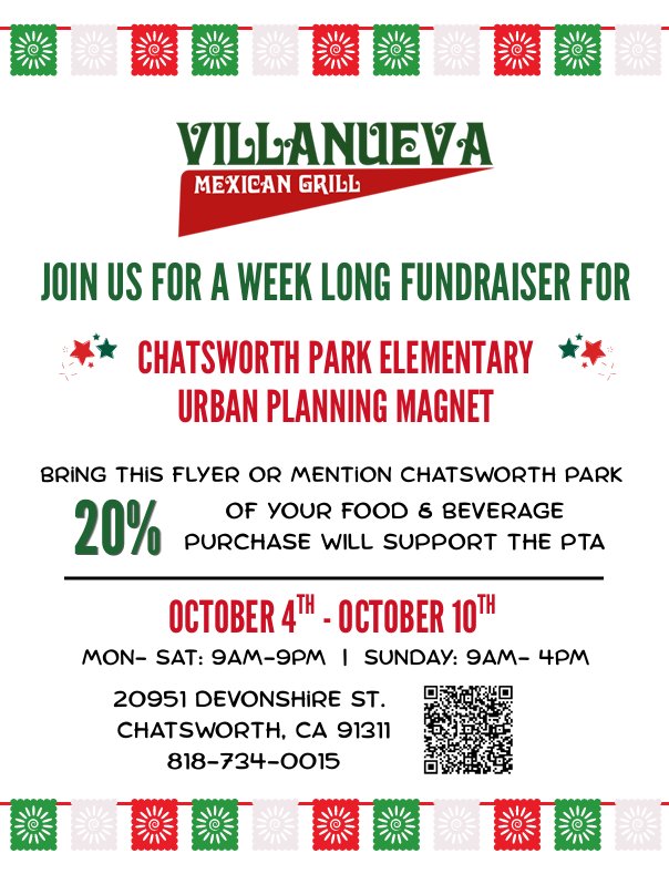 PTA Dine Out Week - Villanueva Mexican Grill - October 4-10, 2026 Flyer